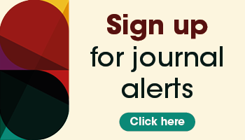 A red banner with a multicoloured Bauhaus-style pattern on the left-hand side, alongside text that says Sign up for Journal Alerts