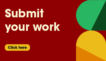 Image featuring a red background with a large button labeled 'Click here' under the text 'Submit your work'. The right side shows a partial view of a green circle overlapping a yellow circle.